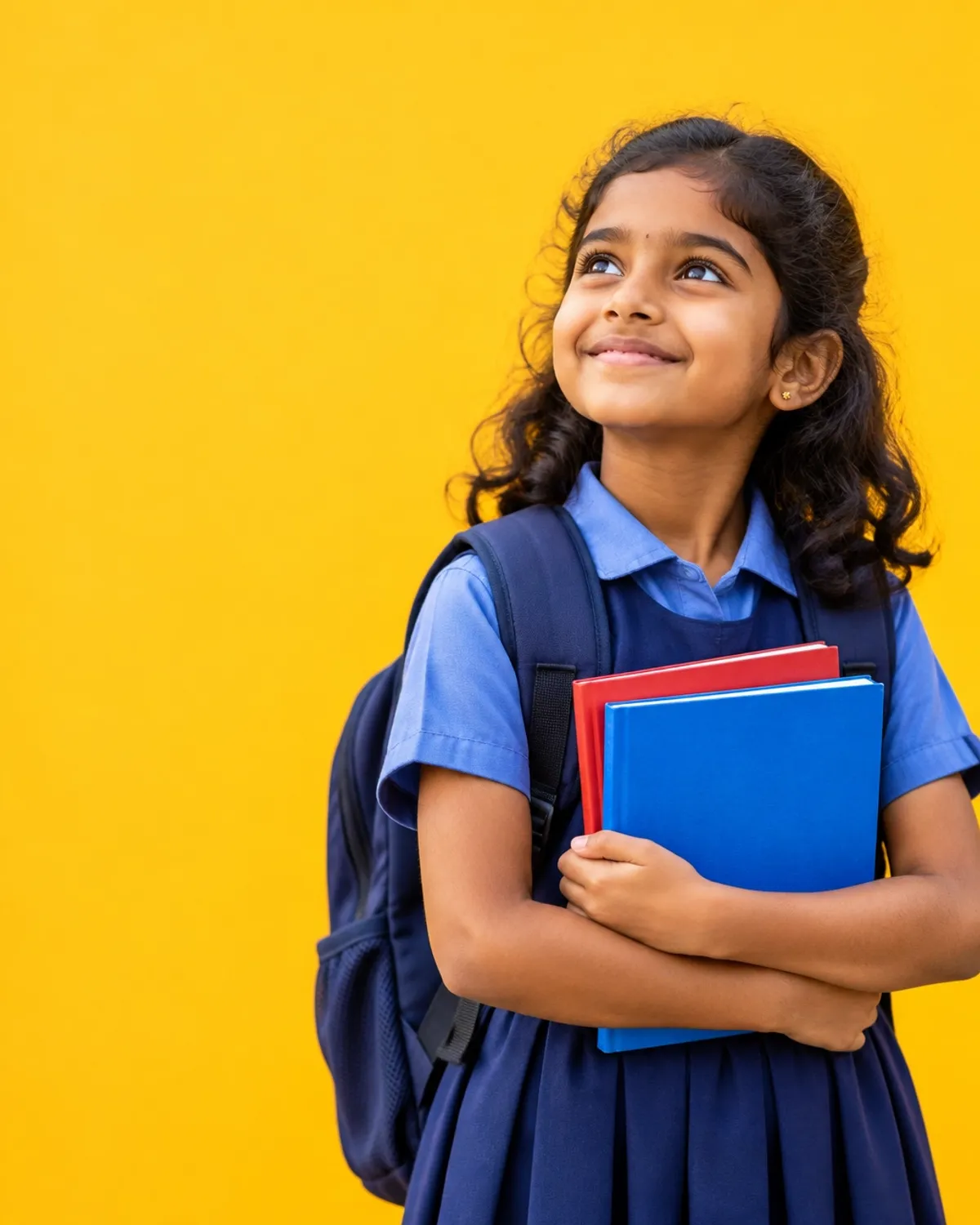 An Indian schoolgirl in uniform holding books against a bright yellow background