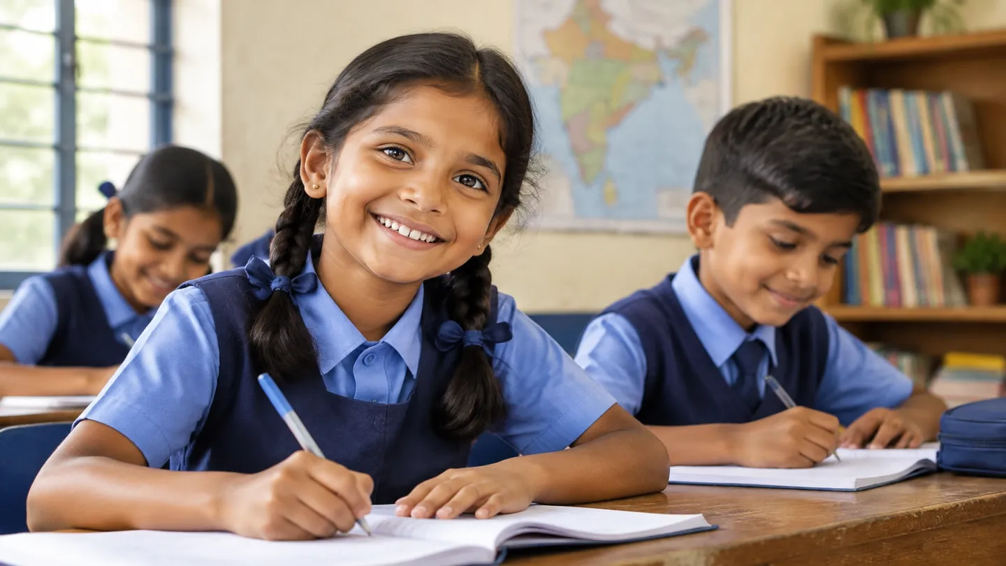 Indian schoolchildren learning together in a classroom